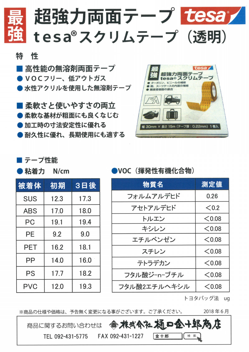 超強力両面テープ  ｔｅｓａスクリムテープ（透明）　特性・性能